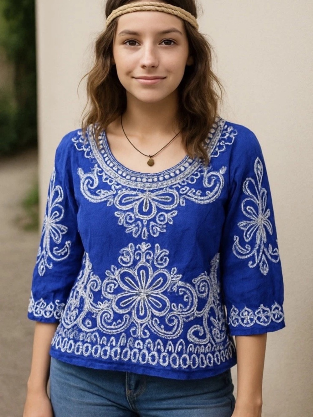 Anthropologie Solitaire Cobalt Floral Embroidered Boho Top Large